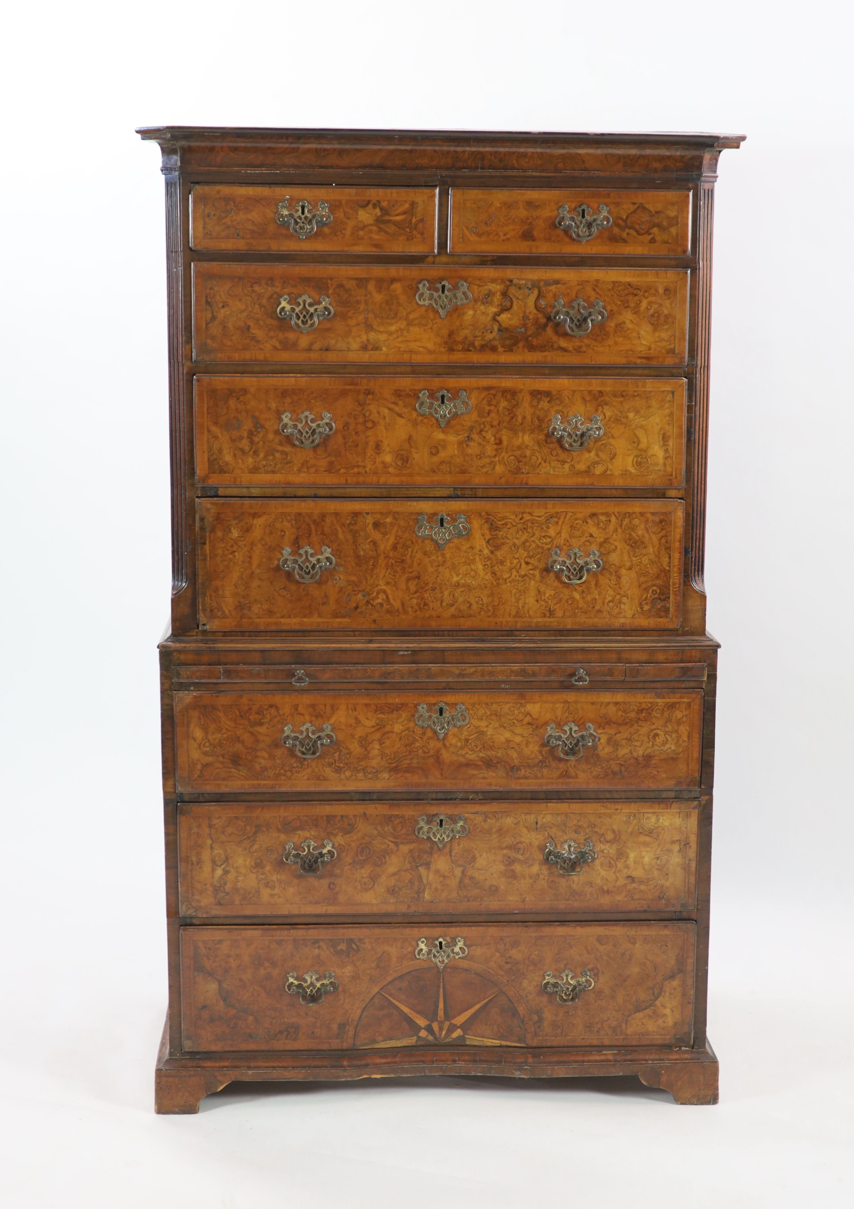 A George I crossbanded burr walnut chest on chest W.101cm D.57cm H.171cm
